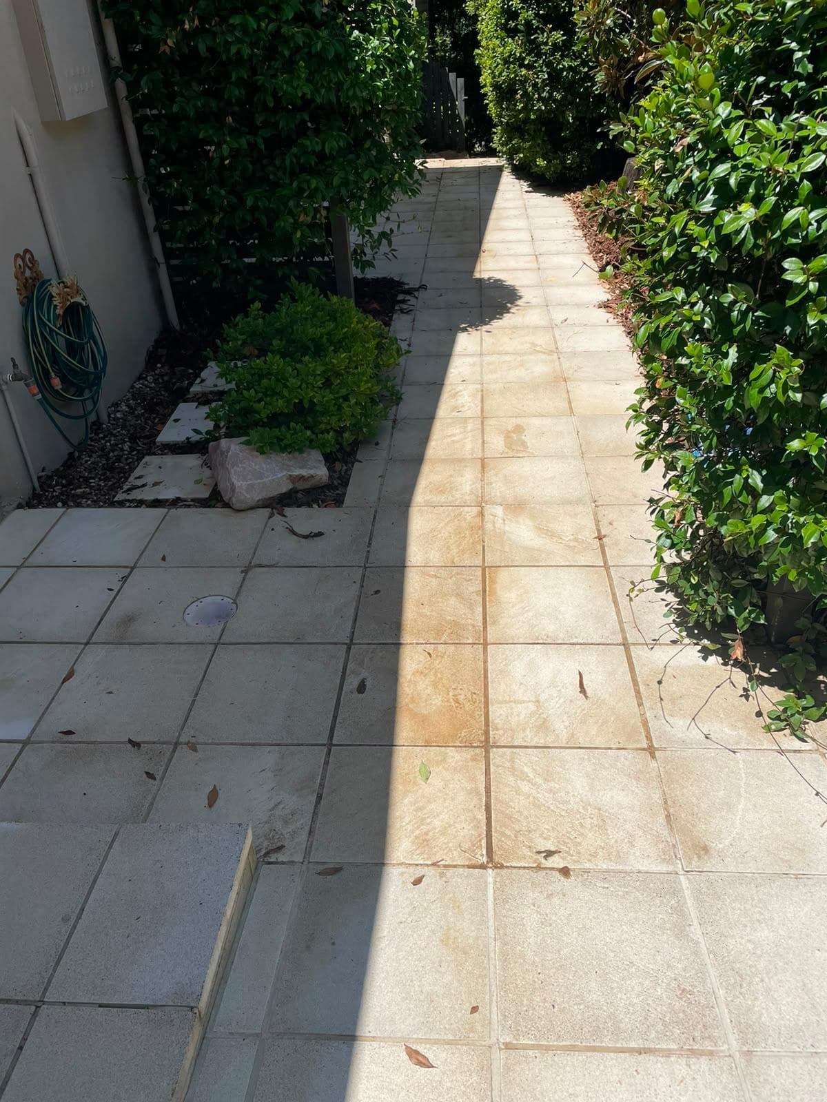Tiled path with brown staining before cleaning